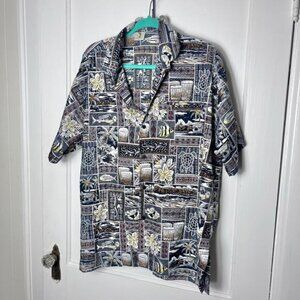 Barefoot Attitude Beach Island Fish Floral Allover Print Hawaiian Shirt Size L